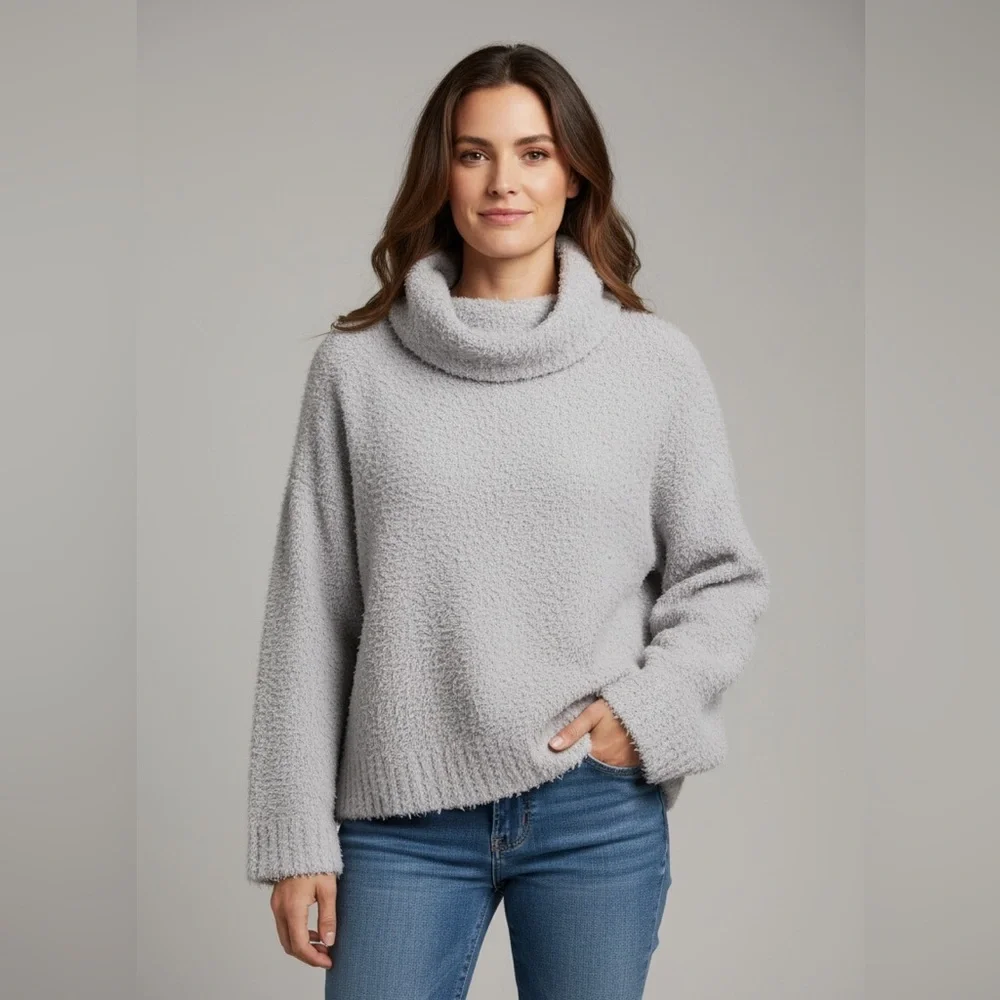 Miracle Gray Cowl Neck Long Sleeve Cuffed Cozy Knit Sweater. - Picture 5 of 5